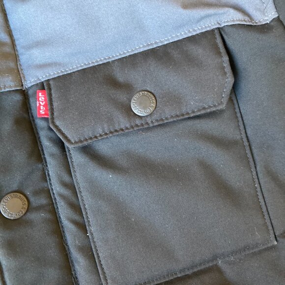 Small Levi's Sherpa Collar Utility Workwear Jacket Black Gray Colorblock Puffer - Picture 5 of 14